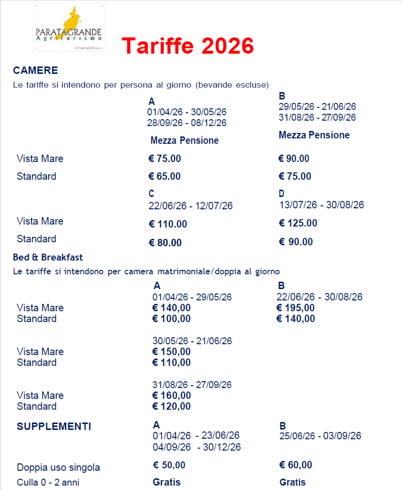 Agriturismo Parata Grande |Listino prezzi 2026